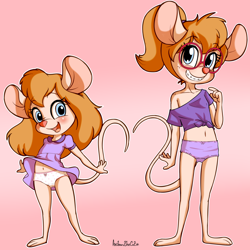Size: 2500x2500 | Tagged: suggestive, artist:anibaruthecat, gadget hackwrench, mammal, mouse, rodent, anthro, cub, cubs only, female, girl, solo cub, solo female, solo girl, teen, young, chip 'n dale: rescue rangers, disney, alternate version, colored, digital, braces, clothing, dress, eyewear, flat breasts, front view, full-length portrait, glasses, looking at you, midriff, navel, off shoulder, open mouth, open smile, panties, ponytail, smiling, solo, topwear, underwear