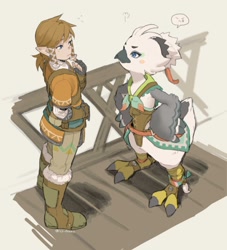 Size: 1858x2048 | Tagged: safe, artist:ivy_draws, link, tulin, avian, elf, humanoid, hylian, mammal, rito, anthro, boy, cub, male, young, legend of zelda, annoyed, avian feet, blonde hair, clothing, duo, footwear, fully clothed, hair, hands on hips, light skin, looking at another, looking at each other, pointy ears, rebus bubble, speech bubble, winged arms