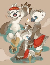 Size: 1569x2043 | Tagged: suggestive, artist:yatosuke, tulin, avian, rito, anthro, cub, cubs only, male, males only, solo cub, solo male, young, legend of zelda, bathing, beak, belly, black beak, blue eyes, blushing, closed eyes, feathers, feet, full-length portrait, gesture, hot spring, multiple poses, navel, nudity, open mouth, open smile, partially submerged, smiling, solo, talons, toes, towel, towel around waist, water, waving, waving at you, white body, white feathers, wings