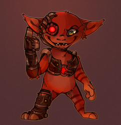 Size: 3000x3109 | Tagged: safe, artist:highroller000, alien, fictional species, grox, ambiguous gender, anthro, cub, cubs only, plantigrade, solo cub, young, spore, colored, digital, cybernetics, cyborg, featureless crotch, front view, full-length portrait, looking at you, one arm down, open mouth, open smile, smiling, solo, standing, wide stance