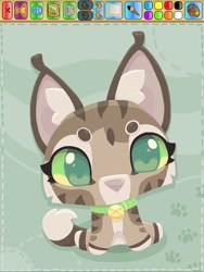 Size: 1536x2048 | Tagged: safe, artist:okaymole, oc only, oc:molly (okaymole), cat, felid, mammal, chibi, female, feral, solo female, animal jam, cel shaded, colored, digital, bell, collar, front view, green eyes, looking at you, mouthless, neckwear, sitting, solo, stripes, style parody