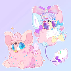 Size: 894x894 | Tagged: safe, artist:greeneeveesoup, oc only, oc:crystal baby (greeneeveesoup), oc:pixie (greeneeveesoup), fictional species, furby, female, females only, feral, colored, digital, blue eyes, bow, front view, full-length portrait, hair, hair accessory, hair bow, hair clip, looking at you, open mouth, open smile, pink body, pink hair, purple eyes, sitting, smiling, tail, tail accessory, tail bow