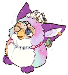 Size: 562x621 | Tagged: safe, artist:nostalgia-boutique, oc only, oc:schubert dubert (furbyplusbean), fictional species, furby, femboy, feral, male, males only, solo male, colored, digital, blushing, ear piercing, flower, front view, full-length portrait, hair accessory, hair flower, jewelry, necklace, one eye closed, open mouth, open smile, piercing, smiling, solo