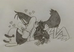 Size: 3000x2110 | Tagged: safe, artist:stickyickysmut, daffy duck, wakko warner, ambiguous species, avian, bird, duck, adult, adult/cub, adult/young, anthro, anthro/anthro, boy, cub, male, male/male, males only, man, man/boy, animaniacs, crossover, looney tunes, monochrome, pencil drawing, traditional, age difference, blushing, closed eyes, duo, kissing, legs up, lying, lying on back, on back, size difference, tail, wagging tail