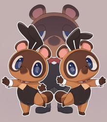 Size: 878x1000 | Tagged: suggestive, artist:marimo manmosu, timmy nook, tom nook, tommy nook, canid, mammal, raccoon, tanuki, adult, boy, chibi, cub, male, males only, man, young, animal crossing, colored, digital, brothers, bulge, bunny costume, clothing, crossdressing, fake ears, footwear, front view, full-length portrait, leotard, looking at you, pants, shoes, siblings, suit, trio, twins