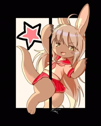 Size: 1652x2048 | Tagged: safe, artist:keimura_ksong, nanachi, fictional species, narehate, ambiguous gender, anthro, cub, cubs only, solo cub, young, made in abyss, cel shaded, colored, digital, bottomwear, clothing, cosplay, feet, front view, hair, long hair, looking at you, midriff, on one leg, open mouth, open smile, school uniform, schoolgirl uniform, shirt, skirt, smiling, smiling at you, solo, standing, tail, toes, topwear, uniform