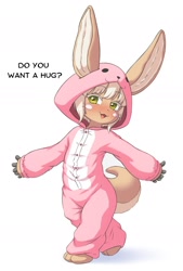 Size: 1345x1992 | Tagged: safe, artist:katsurou, nanachi, fictional species, narehate, ambiguous gender, anthro, cub, cubs only, solo cub, young, made in abyss, colored, digital, blushing, clothing, full-length portrait, hair, looking at you, onesie, open mouth, open smile, short hair, smiling, solo, tail, tan body, text, walking, white hair