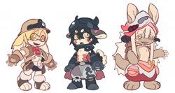 Size: 1685x897 | Tagged: safe, artist:telson, nanachi, reg, riko (made in abyss), fictional species, narehate, ambiguous gender, anthro, chibi, cub, cubs only, female, male, young, young only, made in abyss, alternate species, barefoot, black hair, blonde hair, boots, bottomwear, clothing, cyborg, feet, footwear, furrified, gloves, group, hair, handwear, headwear, helmet, line up, looking at you, open mouth, open smile, pants, shoes, smiling, tail, topless, trio, white hair, yellow eyes