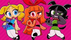 Size: 2501x1433 | Tagged: safe, artist:nyacky_nyacky, blossom (ppg), bubbles (ppg), buttercup (ppg), canid, dog, mammal, anthro, chibi, cub, cubs only, female, females only, girl, girls only, young, young only, powerpuff girls, alternate species, black hair, blonde hair, blue eyes, clothing, collar, dress, ear piercing, floppy ears, footwear, furrified, gray body, green eyes, group, hair, holding object, holding plushie, legwear, long hair, open mouth, open smile, orange body, orange hair, pantyhose, paws, piercing, pigtails, pink eyes, plushie, red hair, shoes, short hair, smiling, spiked collar, tail, tan body, trio