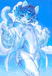 Size: 2805x4096 | Tagged: suggestive, artist:magic_dream00, felid, mammal, anthro, femboy, male, slender, solo teen, teen, twink, young, colored, digital, fully shaded, blue eyes, blue hair, bottomwear, bulge, clothing, hair, kemono, looking at you, open clothing, open mouth, open shirt, open smile, outdoors, shirt, short hair, shorts, smiling, solo, tail, topwear, wet
