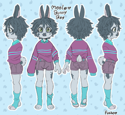 Size: 1185x1090 | Tagged: safe, artist:fusho, oc only, oc:meelo (fusho), lagomorph, mammal, rabbit, boy, cub, cubs only, male, solo boy, solo cub, solo male, young, alternate version, colored, digital, flat colored, reference sheet, clothing, feet, front view, full-length portrait, green eyes, hair, multiple angles, oversized clothing, oversized shirt, paws, rear view, shirt, shorts, side view, socks, socks without shoes, solo, tail