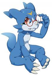 Size: 1111x1586 | Tagged: safe, artist:voidtails, digimon (species), veemon, cub, cubs only, male, males only, semi-anthro, solo cub, solo male, young, digimon, cel shaded, digital, adjusting glasses, butterfly sitting, featureless crotch, fleshy horns, glasses, high-angle view, looking at you, looking up, looking up at you, nudity, solo