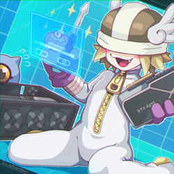Size: 2048x2048 | Tagged: safe, artist:dclaret, digimon (species), humanoid, kuramon, luxmon, boy, cub, male, young, digimon, assembling object, blushing, computer, dutch angle, flying sweatdrops, front view, gpu, hat over eyes, holding object, holding tool, holographic screen, kneeling, onesie, open mouth, open smile, screwdriver, smiling, snaggle tooth, solo, tool, wariza, zipper jumpsuit