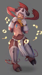 Size: 518x922 | Tagged: safe, artist:neotamine, aegiomon, digimon (species), humanoid, ungulate, boy, male, males only, solo boy, solo kid, solo male, split form, young, digimon, digital, closed eyes, clothing, dancing, front view, full-length portrait, gloves, hooves, loincloth, music, open clothing, open vest, pan flute, playing music, scarf, skimpy outfit, solo, vest