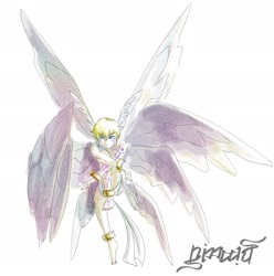 Size: 1902x1920 | Tagged: safe, artist:nimadj, angel, digimon (species), lucemon, boy, male, young, digimon, digital, anklet, arms around one leg, bracelet, front view, levitation, looking at you, multi wings, sitting