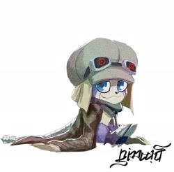 Size: 1920x1888 | Tagged: safe, artist:nimadj, appmon (species), digimon (species), offmon, cub, cubs only, male, males only, semi-anthro, solo cub, solo male, young, young only, digimon, goggles, goggles on head, looking at you, oversized clothing, side view, sitting, solo, weak smile