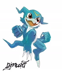 Size: 1636x1920 | Tagged: safe, artist:nimadj, digimon (species), veemon, cub, cubs only, male, males only, semi-anthro, solo cub, solo male, young, digimon, digital, action pose, clenched fist, clenched hands, featureless crotch, fleshy horns, jumping, low-angle view, nudity, open mouth, open smile, smiling, solo