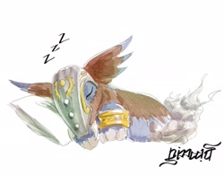 Size: 1920x1496 | Tagged: safe, artist:nimadj, ambiguous species, digimon (species), tapirmon, digimon, digital, bracelet, lying, mask, pillow, sleeping, smoke, snoring, solo, wearing mask