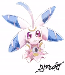 Size: 1656x1920 | Tagged: safe, artist:nimadj, digimon (species), lunamon, ambiguous gender, cub, cubs only, solo cub, young, digimon, digital, blushing, hands on face, high-angle view, looking at you, looking up, looking up at you, solo