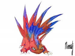 Size: 1920x1445 | Tagged: safe, artist:nimadj, elecmon (adventure), digimon (species), elecmon, ambiguous gender, feral, digimon, digimon adventure, digital, aggressive, anger, ass up, crouching, fighting stance, front view, frown, glaring, long ears, looking at you, on all fours, snarling, snarling at you, solo, tail feathers