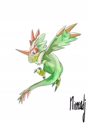 Size: 1362x1920 | Tagged: safe, artist:nimadj, digimon (species), pteromon, cub, cubs only, feral, semi-anthro, solo cub, young, digimon, action pose, avian feet, beak, claw fingers, flying, looking at you, looking back, looking back at you, mask, rear view, solo, wearing mask, winged arms