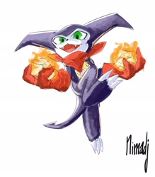 Size: 1680x1920 | Tagged: safe, artist:nimadj, digimon (species), impmon, anthro, cub, cubs only, semi-anthro, solo cub, young, digimon, digital, sketchy, action pose, fire, fire manipulation, fleshy horns, front view, gloves, jumping, low-angle view, neckerchief, open mouth, open smile, smiling, solo