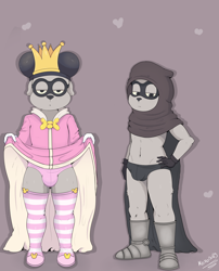 Size: 3400x4200 | Tagged: safe, artist:komodo89, beagle boys, canid, dog, mammal, anthro, cub, cubs only, femboy, male, males only, solo cub, solo male, young, young only, disney, cel shaded, digital, bored face, bulge, clothing, crown, detailed bulge, dress lift, front view, full-length portrait, fur, group, half-closed eyes, hands on hips, hood, hooded cloak, looking at you, looking away, low-riding, mask, mickey ears, multiple images, multiple poses, navel, posing, princess, royalty, solo, standing, striped socks, thigh highs, unimpressed, wearing mask