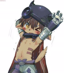 Size: 1802x2048 | Tagged: safe, artist:angrygentoo, reg, mammal, anthro, boy, cub, cubs only, male, solo boy, solo cub, solo male, young, made in abyss, colored, digital, alternate species, blushing, bottomwear, brown hair, cape, clothing, cyborg, front view, furrified, hair, hand behind head, headwear, helmet, kemono, kemoshota, navel, nipples, one eye closed, open mouth, pants, raised tail, solo, stretching, tail, tan body, tears, topless, yellow eyes