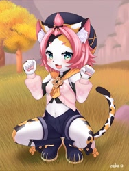 Size: 814x1080 | Tagged: safe, artist:catfuk123, diona, cat, felid, mammal, cub, cubs only, female, girl, solo cub, solo female, solo girl, solo teen, teen, young, genshin impact, colored, digital, fully shaded, alternate species, blushing, breasts, crouching, footwear, full-length portrait, furrified, green eyes, hat, kemololi, kemono, midriff, navel, open mouth, open smile, outdoors, paw pose, pawpads, paws, pink hair, short hair, shorts, small breasts, smiling, solo, tail, topwear