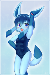 Size: 603x900 | Tagged: suggestive, artist:catfuk123, eeveelution, generation 4 pokemon, glaceon, pokemon (species), anthro, cub, cubs only, female, girl, solo cub, solo female, solo girl, solo teen, teen, young, pokémon, colored, digital, fully shaded, anthrofied, blue body, blue eyes, blue hair, blushing, breasts, camel toe, clothing, hair, hand on hip, kemololi, kemono, multi breast, nipple bulge, one-piece swimsuit, open mouth, open smile, pawpads, raised arm, short hair, small breasts, smiling, solo, swimsuit, swimwear, tail, tight clothing