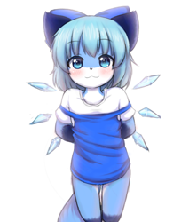 Size: 584x685 | Tagged: unknown species, safe, artist:catfuk123, cirno, anthro, cub, cubs only, female, girl, solo cub, solo female, solo girl, young, touhou project, colored, digital, alternate species, arms behind back, blue body, blue eyes, blue hair, blushing, bow, clothing, front view, furrified, hair, hair accessory, hair bow, kemololi, kemono, looking at you, shirt, short hair, smiling, solo, tail, topwear