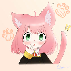 Size: 2000x2000 | Tagged: safe, artist:ookami_akira, anya forger, cat, felid, mammal, cub, cubs only, female, girl, solo cub, solo female, solo girl, young, spy x family, colored, digital, alternate species, blushing, bust portrait, clothing, dead source, flat breasts, front view, furrified, green eyes, kemololi, kemono, looking at you, open mouth, pink hair, school uniform, short hair, solo, tail, topwear, uniform