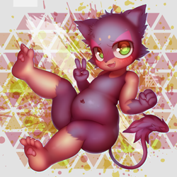 Size: 3500x3500 | Tagged: safe, artist:d685ab7f, generation 5 pokemon, pokemon (species), purrloin, ambiguous gender, anthro, chubby, cub, cubs only, solo cub, young, pokémon, colored, digital, fully shaded, blushing, featureless chest, feet, full-length portrait, gesture, green eyes, hindpaw, kemono, looking at you, navel, open mouth, open smile, pawpads, purple body, smiling, solo, tail, v sign