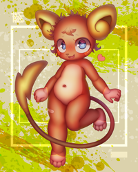 Size: 2800x3500 | Tagged: safe, artist:d685ab7f, alolan raichu, generation 1 pokemon, pokemon (species), raichu, ambiguous gender, anthro, cub, cubs only, solo cub, young, pokémon, colored, digital, fully shaded, blushing, featureless chest, featureless crotch, front view, full-length portrait, kemono, looking at you, navel, open mouth, open smile, smiling, solo, standing, tail