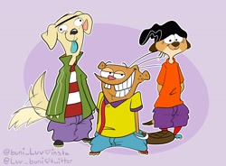 Size: 4096x3022 | Tagged: safe, artist:luv_buni, ed (eene), edd, eddy, beaver, canid, dog, mammal, meerkat, mongoose, rodent, anthro, boy, boys only, cub, cubs only, males only, young, young only, ed edd n eddy, colored, digital, flat colored, alternate species, arms behind back, beanie, bottomwear, buckteeth, clothing, cream body, floppy ears, front view, full-length portrait, furrified, half-closed eyes, hands in both pockets, hat, headwear, jacket, legwear, looking at you, open clothing, open jacket, orange body, pants, shirt, shoes, shorts, smiling, socks, standing, t-shirt, tail, teal tongue, tongue out, topwear, trio, wagging tail