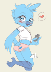 Size: 2884x4000 | Tagged: suggestive, artist:bunnybits, twitter bird, avian, bird, anthro, cub, female, girl, solo female, solo girl, young, twitter/x, colored, digital, flat colored, sketch, avian feet, blue body, blue eyes, blushing, bottomwear, butt, clothing, dead source, feet, flat breasts, holding object, holding phone, looking back, mobile phone, no pants, open mouth, open smile, panties, phone, shirt, smiling, solo, speech bubble, standing, t-shirt, tail, topwear, underwear, winged arms