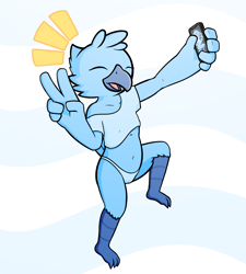 Size: 1800x2000 | Tagged: suggestive, artist:hal, twitter bird, avian, bird, anthro, cub, cubs only, female, girl, solo cub, solo female, solo girl, young, twitter/x, colored, digital, 3 toes, 5 fingers, avian feet, blue body, camel toe, closed eyes, clothing, feet, fingers, flat breasts, full-length portrait, gesture, holding object, holding phone, mobile phone, navel, nipple bulge, no pants, off shoulder, open mouth, open smile, panties, phone, posing, selfie, shirt, skimpy outfit, smiling, solo, standing, t-shirt, topwear, tuft, underwear, v sign
