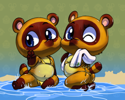 Size: 754x603 | Tagged: suggestive, artist:lkiws, timmy nook, tommy nook, canid, mammal, raccoon, tanuki, anthro, boy, boys only, chibi, male, males only, young, animal crossing, colored, digital, 4 fingers, bikini, blue eyes, brothers, brown body, bulge, butt, clothing, crossdressing, duo, gesture, holding object, kneeling, looking at you, mouthless, navel, one eye closed, pawpads, paws, siblings, sitting, skimpy outfit, swimwear, tail, towel, twins, two-piece swimsuit, v sign, water, wet