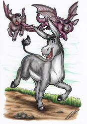 Size: 2457x3514 | Tagged: safe, artist:lupiarts, donkey (shrek), donkey's kids, donkey, dragon, dronkey, equid, hybrid, mammal, mythological creature, adult, ambiguous gender, cub, feral, male, man, young, shrek series, colored, traditional, black hair, brown eyes, closed eyes, family, father, flying, full-length portrait, grey body, hooves, open mouth, open smile, outdoors, purple body, purple hair, smiling, tail, trio, walking, wings