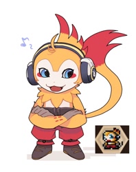 Size: 950x1200 | Tagged: safe, artist:dailyewdream, digimon (species), kakamon, ambiguous gender, anthro, chibi, cub, male, young, digimon, blue eyes, bottomwear, clothing, crossed arms, footwear, front view, full-length portrait, fur, headphones, long tail, looking away, open mouth, open smile, orange body, orange fur, pants, shoes, smiling, solo, standing, topless