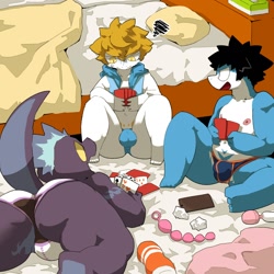 Size: 1360x1360 | Tagged: suggestive, artist:warito moeru, oc:hikari (warito moeru), dragon, fictional species, kobold, mythological creature, anthro, chubby, male, series:tokage high school swim team, anal beads, barefoot, bed, bedding, bedroom, black body, black hair, black scales, blonde hair, blue body, blue scales, bulge, bulge from behind, butt, clothing, discarded sex toy, electronics, feet, front view, frustrated, furniture, group, hair, happy, hoodie, indoors, looking at another, lying, mobile phone, nervous, nervous sweat, nipples, on floor, on front, one knee up, open mouth, phone, playing cards, raised tail, rear view, scales, sex toy, sitting, tail, tissue, trio, underwear, underwear only, vibrator, white body, white scales, wide hips, yellow sclera