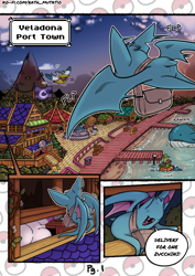 Size: 4961x7016 | Tagged: safe, artist:rathmutatio, oc:zen the zubat, oc:zucchini the zangoose, generation 3 pokemon, pokemon (species), zangoose, zubat, male, males only, series:soothean adventures, pokémon, colored, flat colored, alternate color, background character, boardwalk, caption, cityscape, crouching, delivery (commerce), detailed background, dialogue, duo, english text, eyeless, fang, flying, front view, high-angle view, landing, landscape, looking through window, open mouth, pier, rear view, seaside, shoulder bag, sitting, solo, solo focus, speech bubble, teeth, town, window