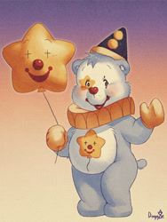 Size: 2160x2880 | Tagged: safe, artist:doggie358, bear, mammal, ursine, anthro, male, care bears, fully shaded, offset lithography, balloon, belly markings, clothing, clown, clown hat, featureless crotch, full-length portrait, fur, gloves, hat, headwear, holding balloon, inflatable, ruff, solo, tail, waving at you