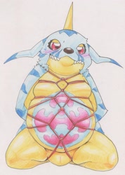 Size: 1813x2551 | Tagged: suggestive, artist:tabasuko, digimon (species), gabumon, anthro, chubby, cub, cubs only, male, males only, solo cub, solo male, young, digimon, coloring pencils, traditional, arms behind back, bdsm, belly, blushing, bondage, bound, featureless chest, front view, fur pelt, genital slit, genitals, horn, kneeling, moobs, restraints, rope, rope bondage, rope harness, shibari, solo, yellow body