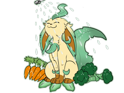 Size: 2000x1500 | Tagged: safe, artist:roguemorpho, generation 4 pokemon, leafeon, pokemon (species), ambiguous gender, feral, pokémon, colored, digital, flat colored, closed eyes, closed smile, ears down, front view, leafy ears, leafy tail, sitting, smiling, solo, sprinkler, vegetable, wet