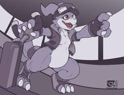 Size: 1440x1113 | Tagged: safe, artist:thesecretcave, oc:flynn the veemon, digimon (species), veemon, cub, cubs only, male, males only, solo cub, solo male, young, digimon, colored, flat colored, monochrome, 3 toes, 4 fingers, bottomless, clothing, featureless chest, featureless crotch, fingerless gloves, flat cap, fleshy horns, front view, gesture, goggles on headwear, holding controls, jacket, low-angle view, open mouth, open smile, pilot, pilot jacket, piloting, pointing, sharp teeth, smiling, solo, toeless shoes, wide hips