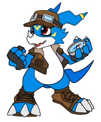 Size: 1653x2000 | Tagged: safe, artist:romhowler, oc:flynn the veemon, digimon (species), veemon, cub, cubs only, male, males only, solo cub, solo male, young, young only, digimon, colored, flat colored, 3 toes, 4 fingers, bottomless, clenched fist, clothing, compass, crest of courage, featureless chest, featureless crotch, fingerless gloves, flat cap, fleshy horns, front view, goggles on headwear, holding object, jacket, looking away, open clothing, open jacket, open mouth, open smile, pilot, pilot jacket, smiling, solo, toeless shoes, wide hips