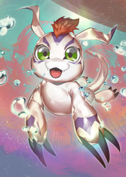 Size: 1600x2245 | Tagged: safe, artist:skink hisshiss, digimon (species), gomamon, feral, male, digimon, fully shaded, 3 fingers, 3 toes, air bubble, claw toes, claws, finger claws, fur, green eyes, hair, looking at you, open mouth, open smile, red hair, smiling, solo, swimming, underwater, water, white body, white fur