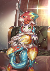 Size: 1600x2245 | Tagged: safe, artist:skink hisshiss, digimon (species), flamedramon, gomamon, anthro, feral, male, digimon, 3 fingers, 3 toes, armor, blue body, claw fingers, claw toes, claws, couch, duo, fang, fleshy horns, green eyes, hair, headwear, helmet, hug, hugging from behind, in lap, looking at you, mohawk, on couch, red eyes, red hair, sitting, size difference, smiling, smiling at you, teeth, uncertain