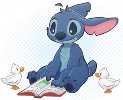 Size: 1694x1380 | Tagged: safe, artist:oliveteacake, stitch, alien, avian, bird, duck, experiment (species), anthro, cub, feral, plantigrade, young, disney, lilo and stitch, cel shaded, 4 fingers, 4 toes, beady eyes, book, dot eyes, nudity, on floor, reading, sitting, solo